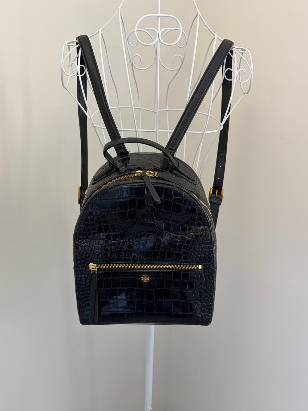 Tory Burch Black Croc-Embossed Mini Backpack with Gold Hardware